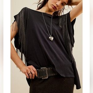Free People X Tricia Fix Grey/black Metal Fringe Tee Medium